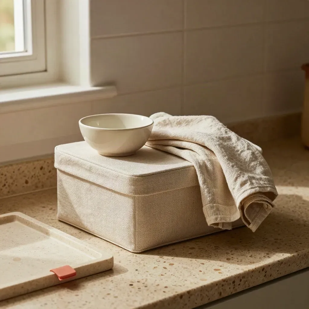 Box contenitore, ciotola in ceramica e telo di lino su travertino, luce morbida, stile premium.
