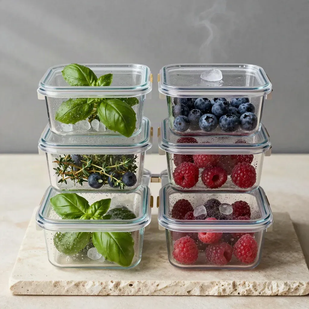Organizer trasparenti per frigo con erbe e frutti di bosco su pietra chiara.