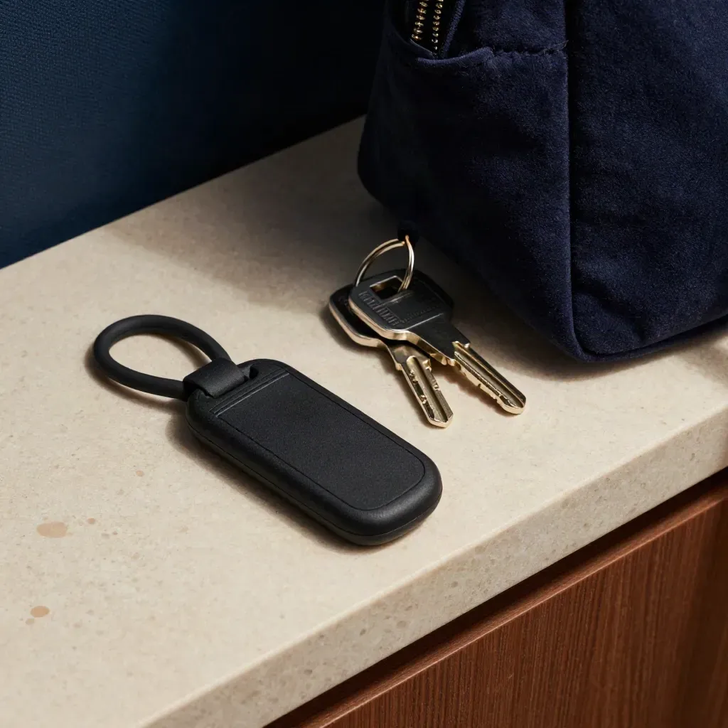 Tracker portachiavi nero con chiavi e pochette in suede su travertino chiaro