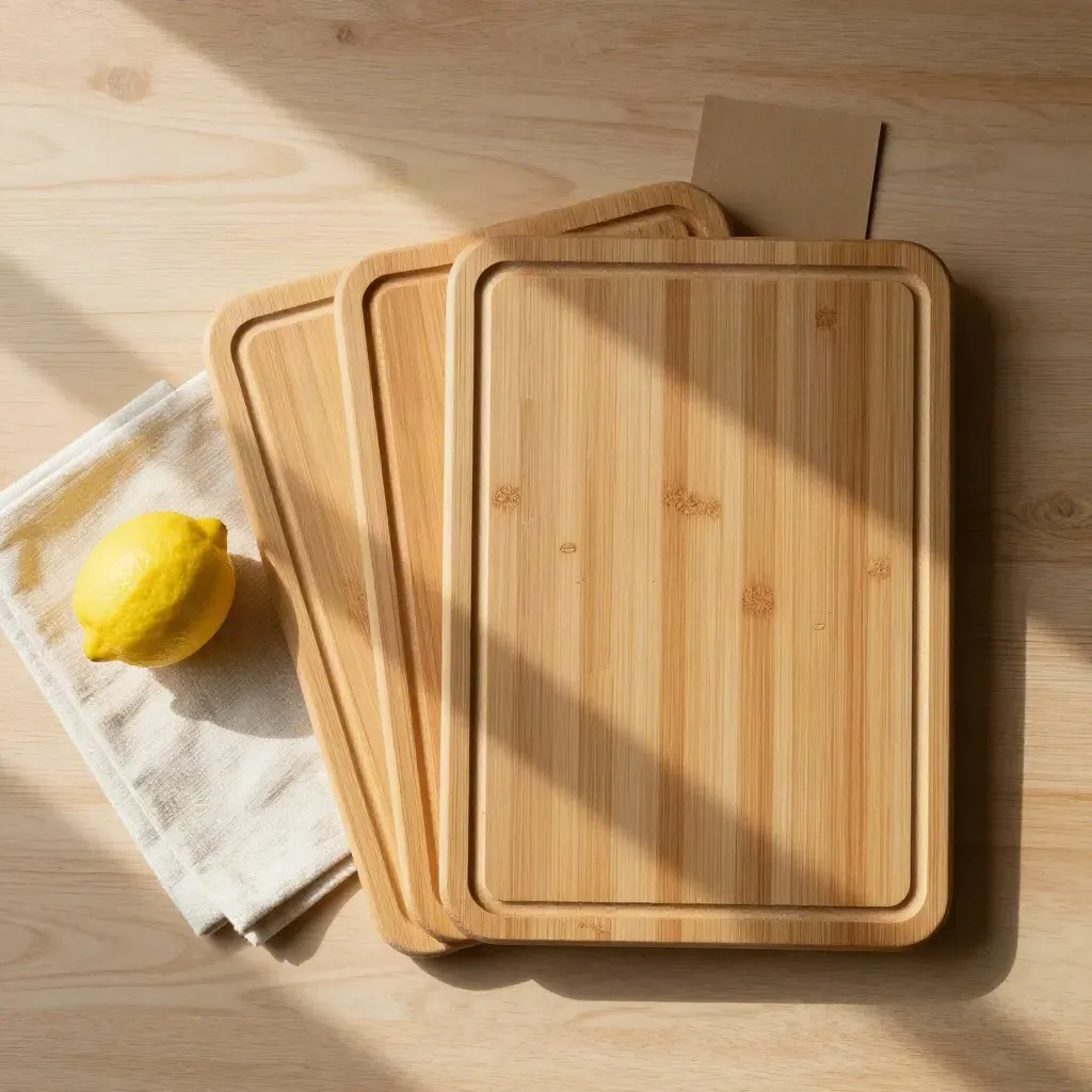 Tre taglieri in bambù con limone e tovagliolo di lino su legno chiaro, visti dall’alto.
