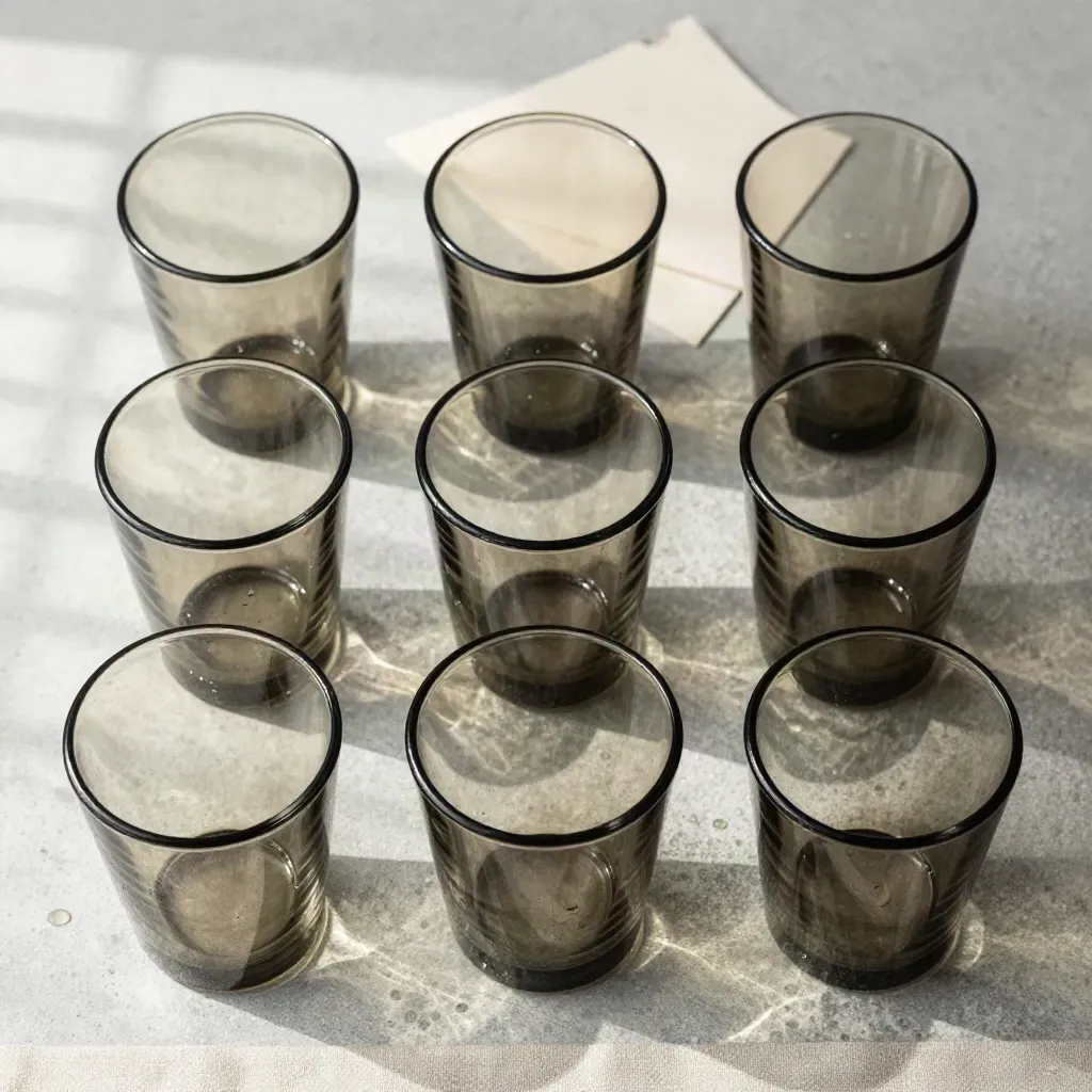 Sei bicchieri fumé ambra e grigio su cemento chiaro con gocce d’acqua.