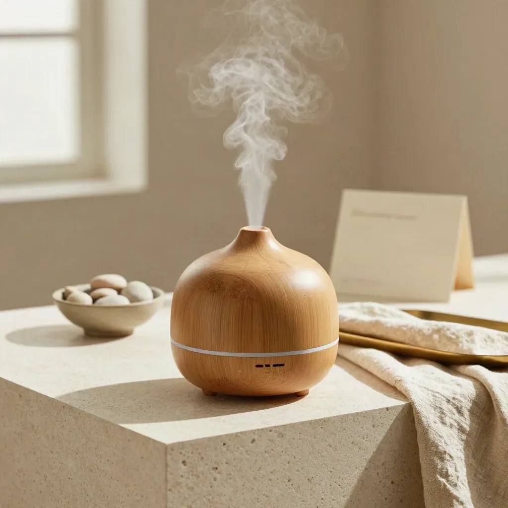 Diffusore bambù su travertino con ciotola di pietre e lieve vapore, stile elegante.