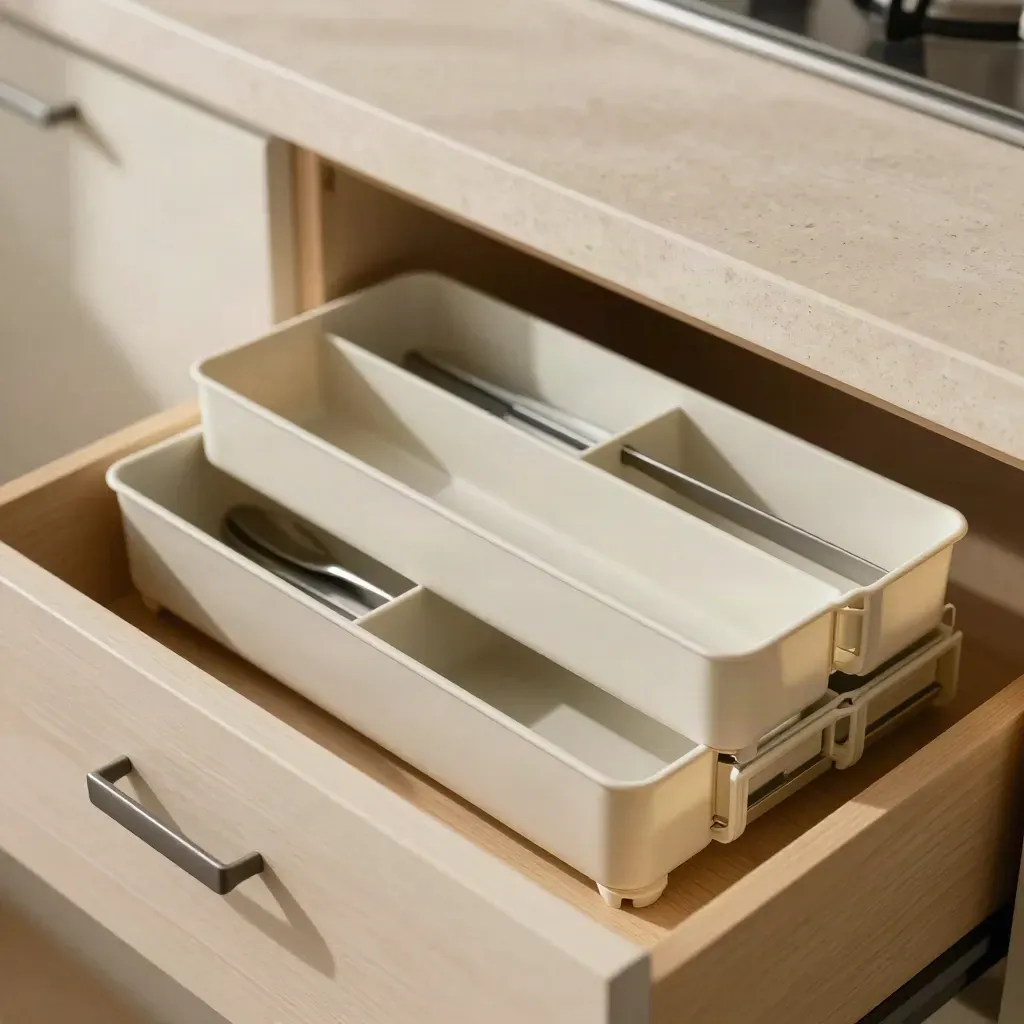 Organizer da cassetto cucina in plastica opaca con divisori per posate, su legno chiaro