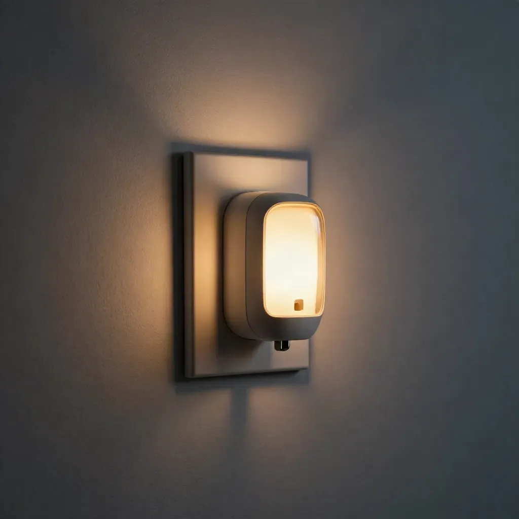 Luce notturna a presa con bagliore ambrato su muro, scena drammatica e pulita.