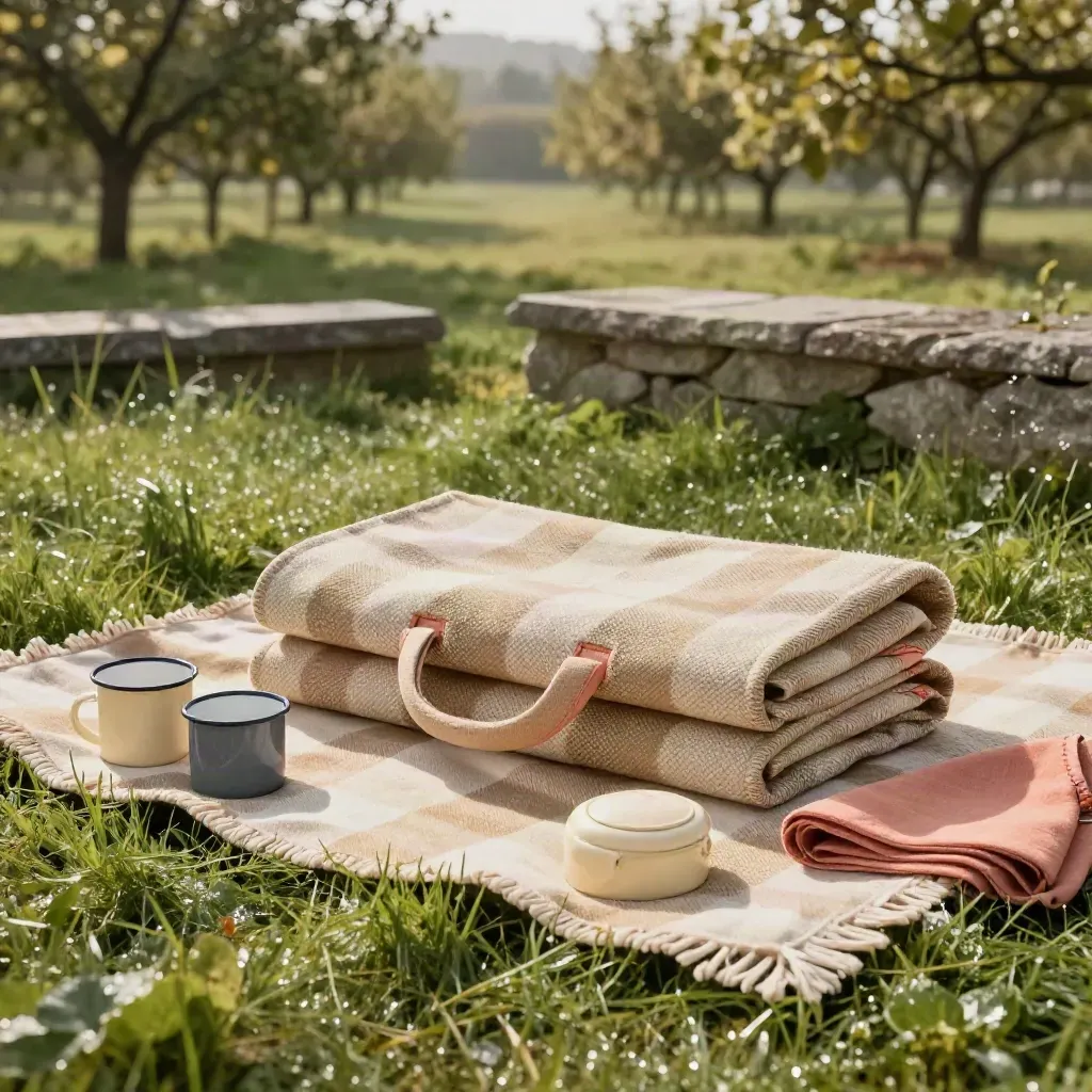 Telo picnic pieghevole piegato nell’erba con tazze smaltate e piccola scatola pane.