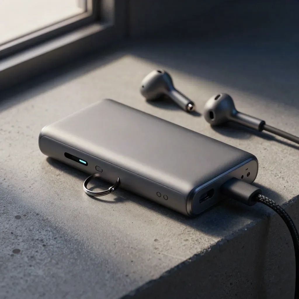 Power bank tascabile con cavo e LED acceso accanto a chiavi e auricolari