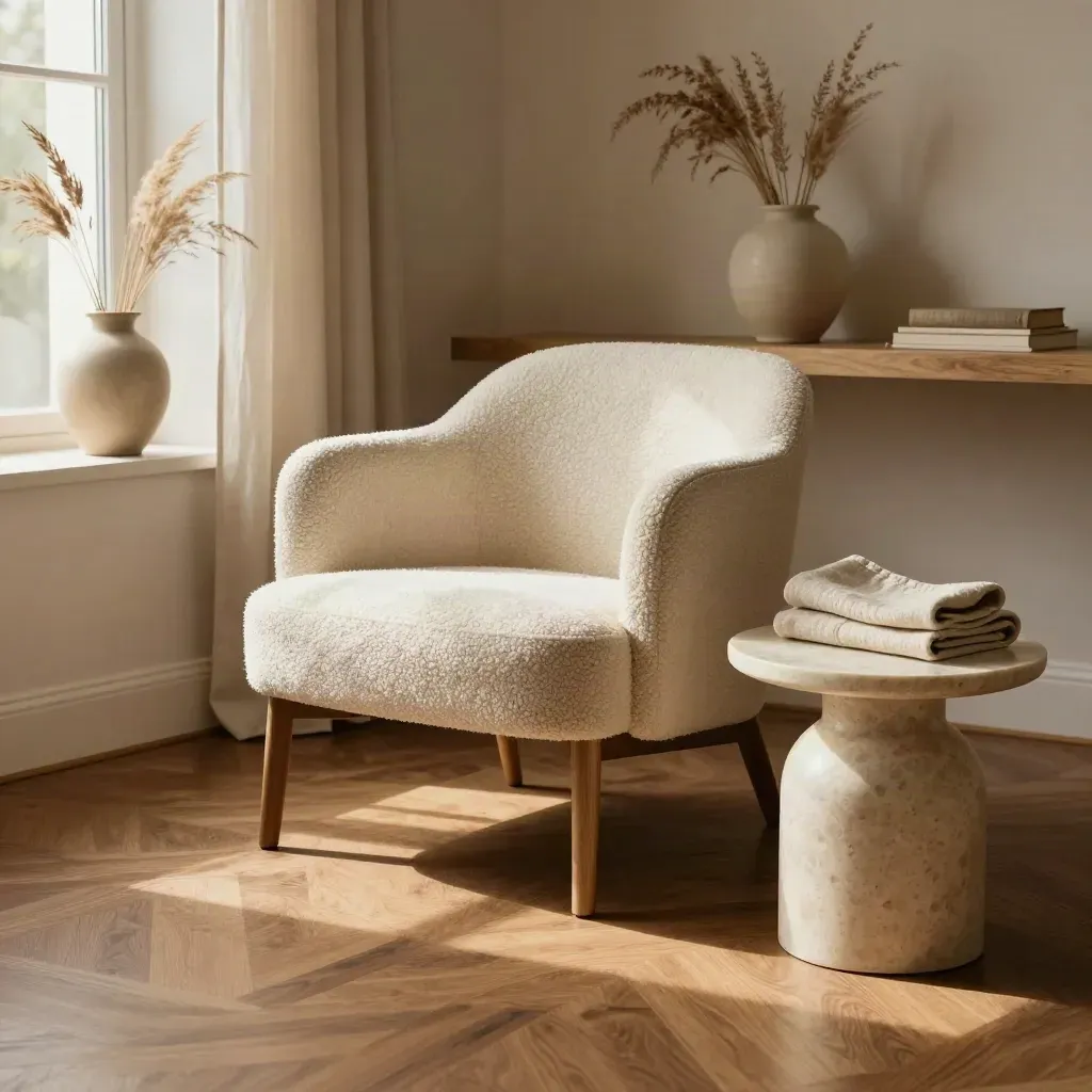 Salotto luminoso con poltrona bouclé, vaso in ceramica e mensola in legno chiaro.