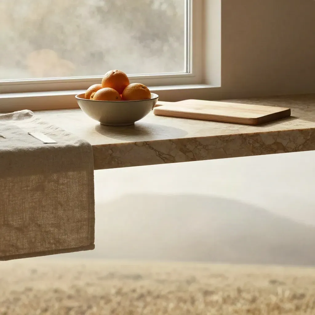 Piano cucina in marmo con runner di lino, ciotola di agrumi e tagliere, vapore mattutino.
