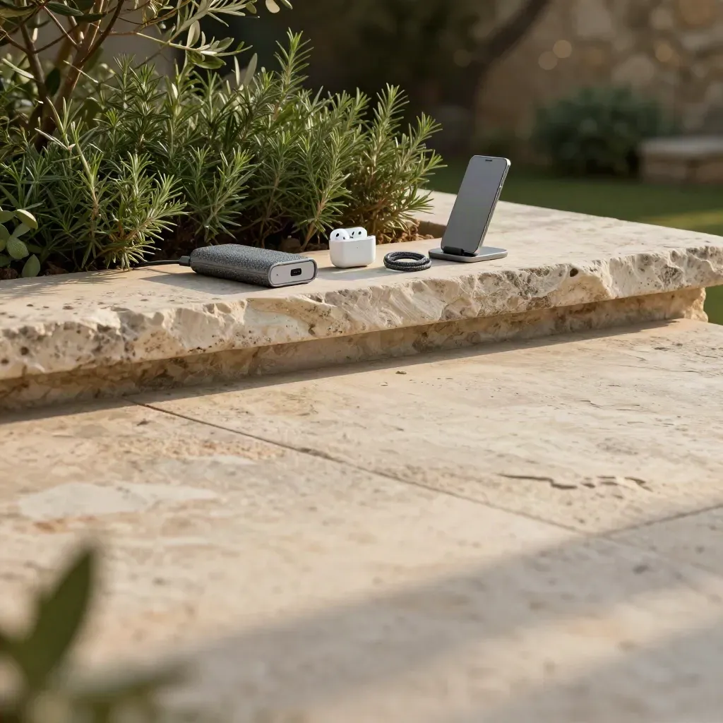 Terrazza in pietra con piccoli gadget quotidiani e verde sfocato, spazio libero per il titolo.